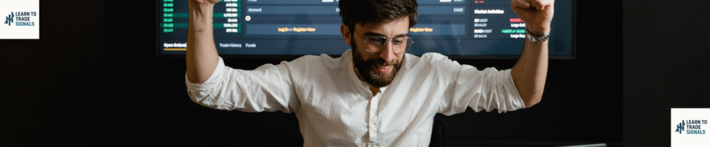 Happy man in front of forex chart