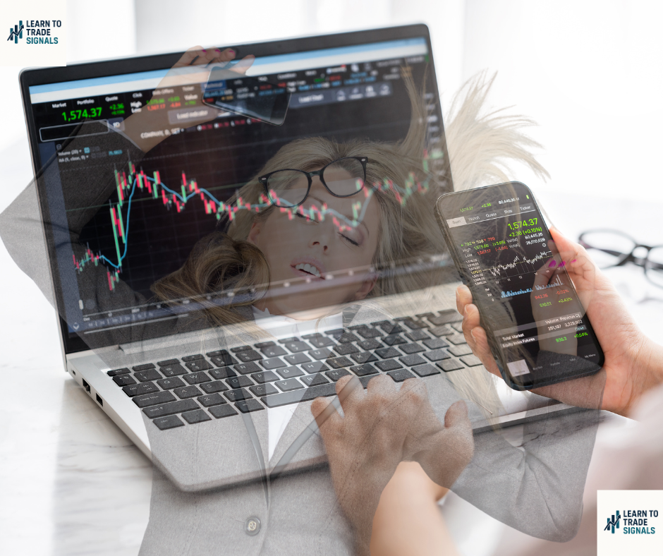 Exhausted Woman On A Laptop image of financial trading chart. New Traders