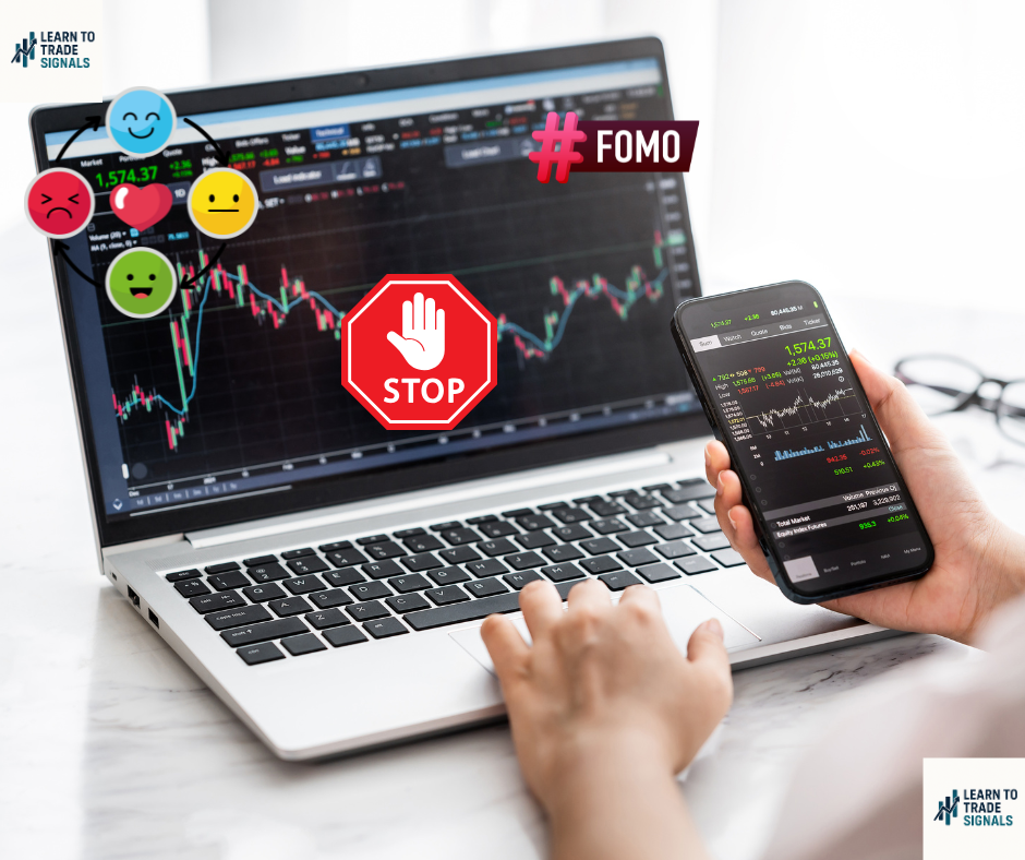 Laptop Showing Trading Chart And FOMO Emoji. New Traders
